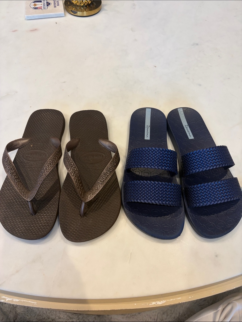Havaianas Brown Flip Flops and Navy Double‑Strap Slides